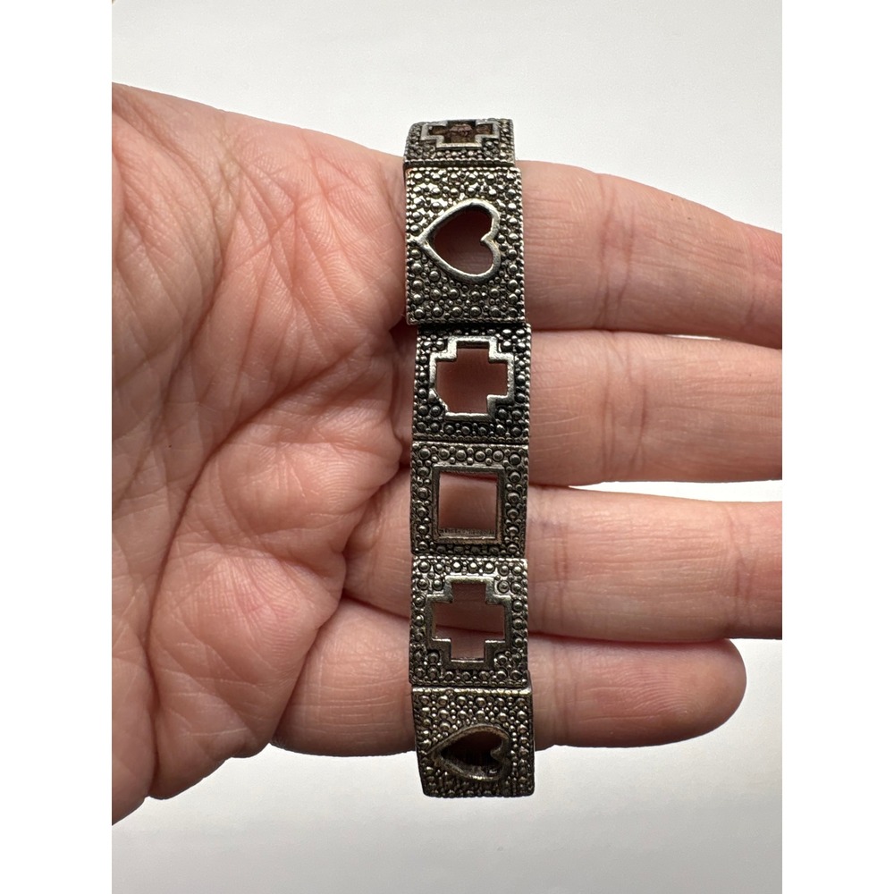 Vintage Silver Tone Stretch Bracelet Heart Cross Square Cut Out Textured